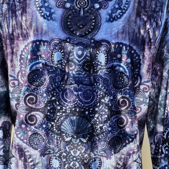 One World Velour Scoop Neck Purple & Blue Bling Top 97% Polyester Size M - Picture 2 of 10